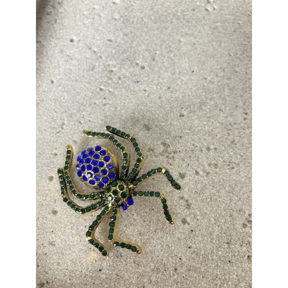 Gold Tone Spider Brooch Pin Blue & Green Rhinestone Bug Insect Whimsical Novelty